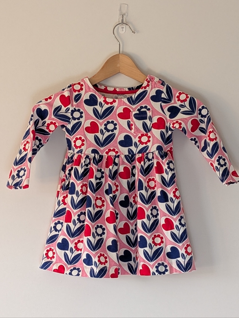 Mini Boden Pink Dress with Navy & Red Heart Floral Print